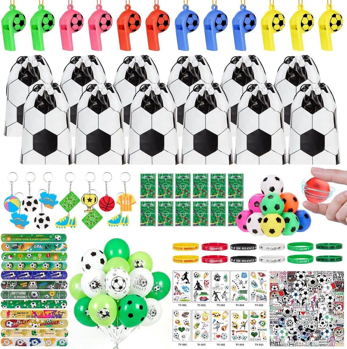 SnelShoppen - 158-delige Voetbal Feestset, Party Set met Sporttassen, Sleutelhangers, Flipperkast, Armbanden, Tattoos en Stickers voor Feestjes en Kin