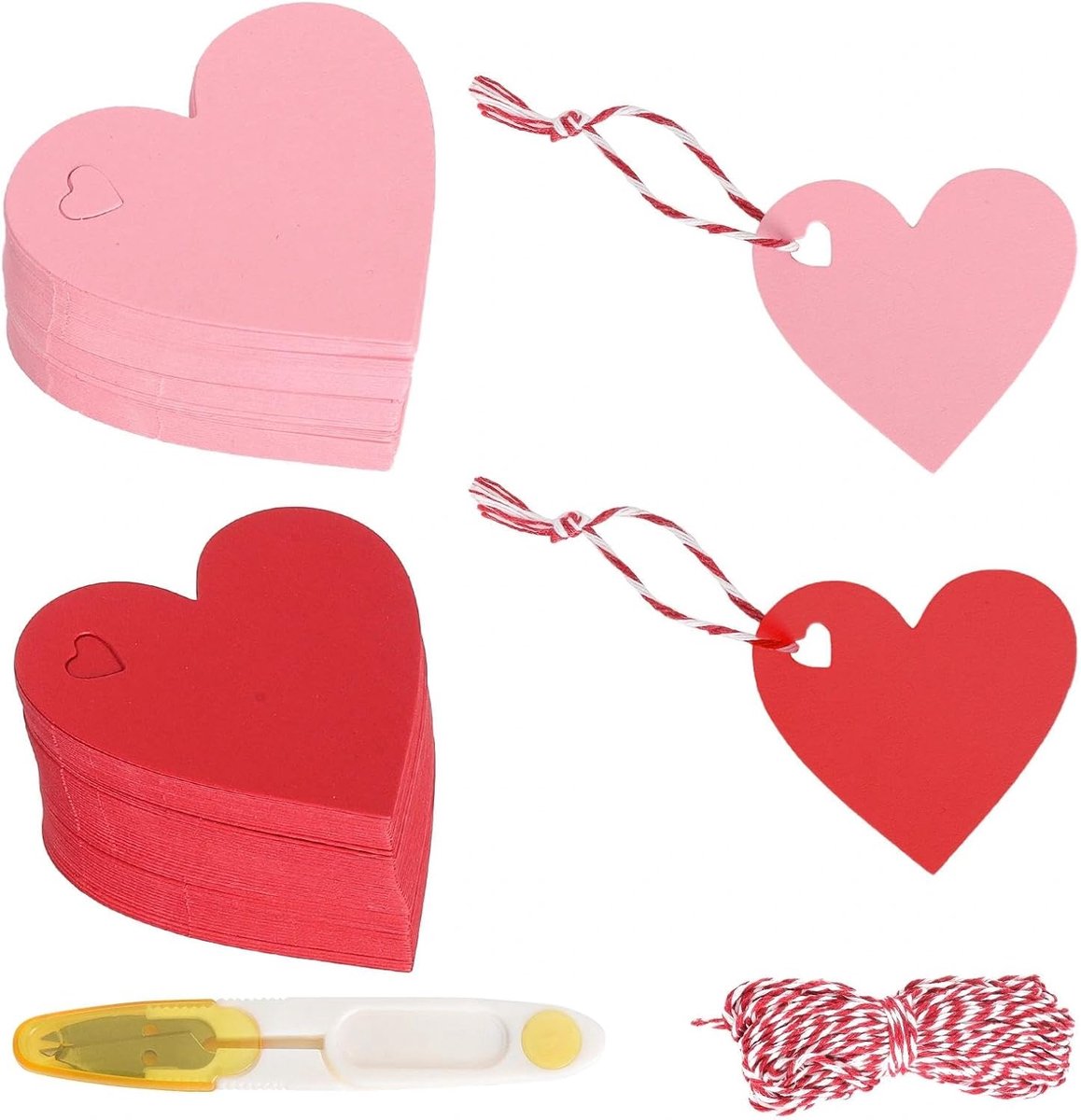 SnelShoppen - 200 Hartvormige Kraftpapieren Hangers met Katoenen Koord 20m - Cadeauhangers voor Bruiloft, Feest, Verjaardag, Valentijnsdag - Rood - Pa