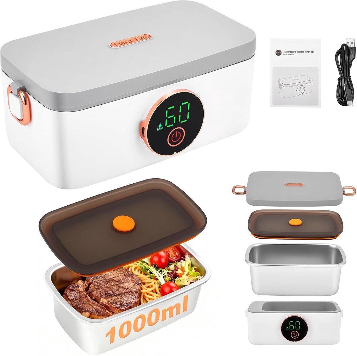 SnelShoppen - Elektrische Lunchbox met Accu 16000mAh 1L Draadloze Verwarmde Lunchbox voor Volwassenen - Automatische Verwarming, USB Aansluiting, RVS