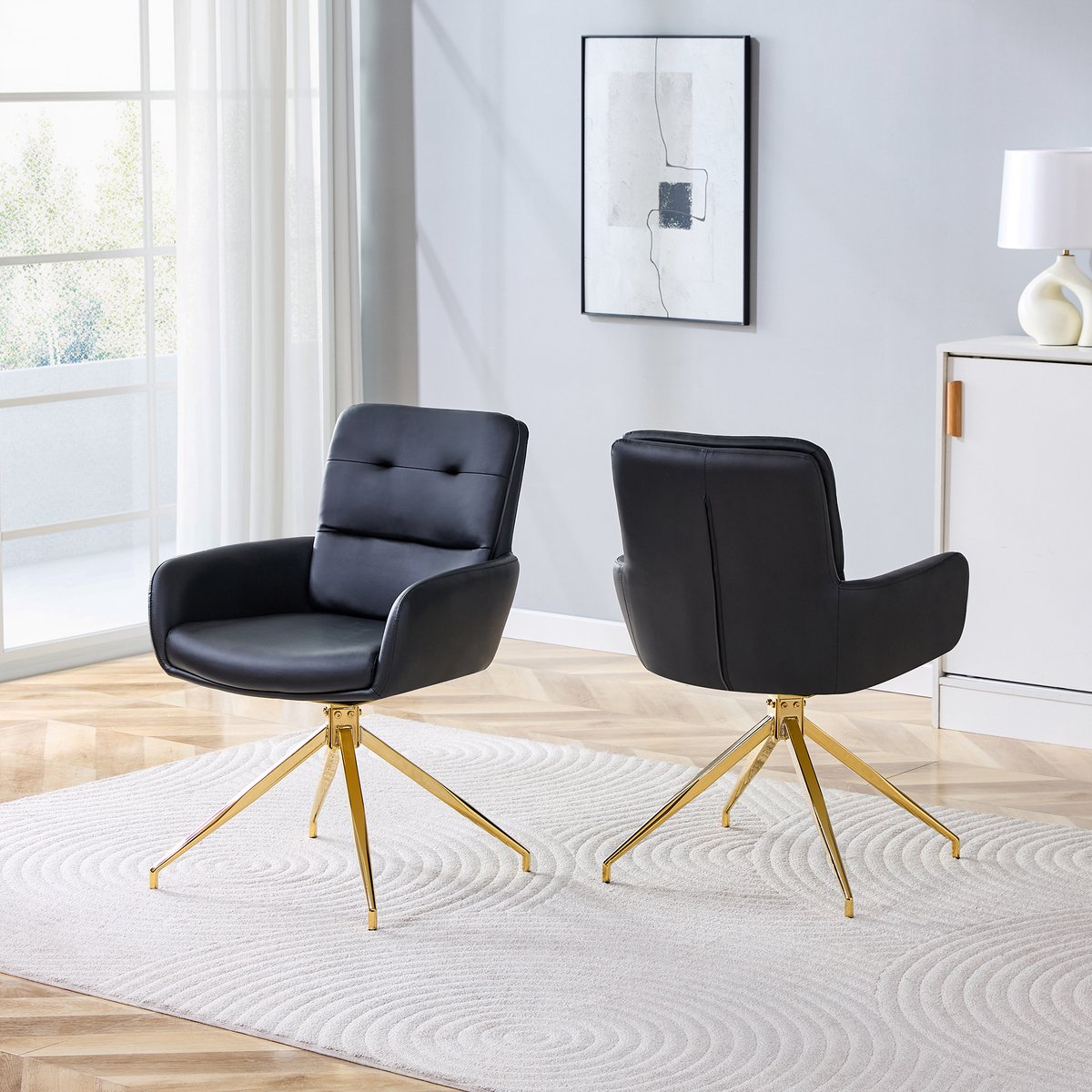 COVREO Eetkamerstoel 85 x 55 cm - draaibaar, kunstleer, goudkleurig metalen onderstel, set van 2 Zwart