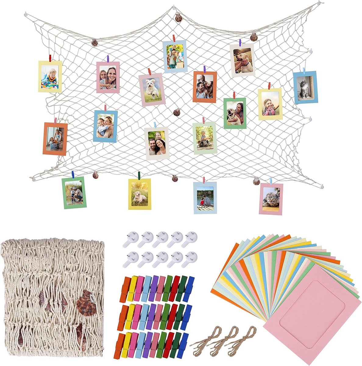 SnelShoppen - Paper Photo Frame Set 30 Stuks DIY Retro Kraft Papieren Fotolijsten Hangalbum met Clips Jute Touw Vissennet voor Muurdecoratie 15cm 10 K