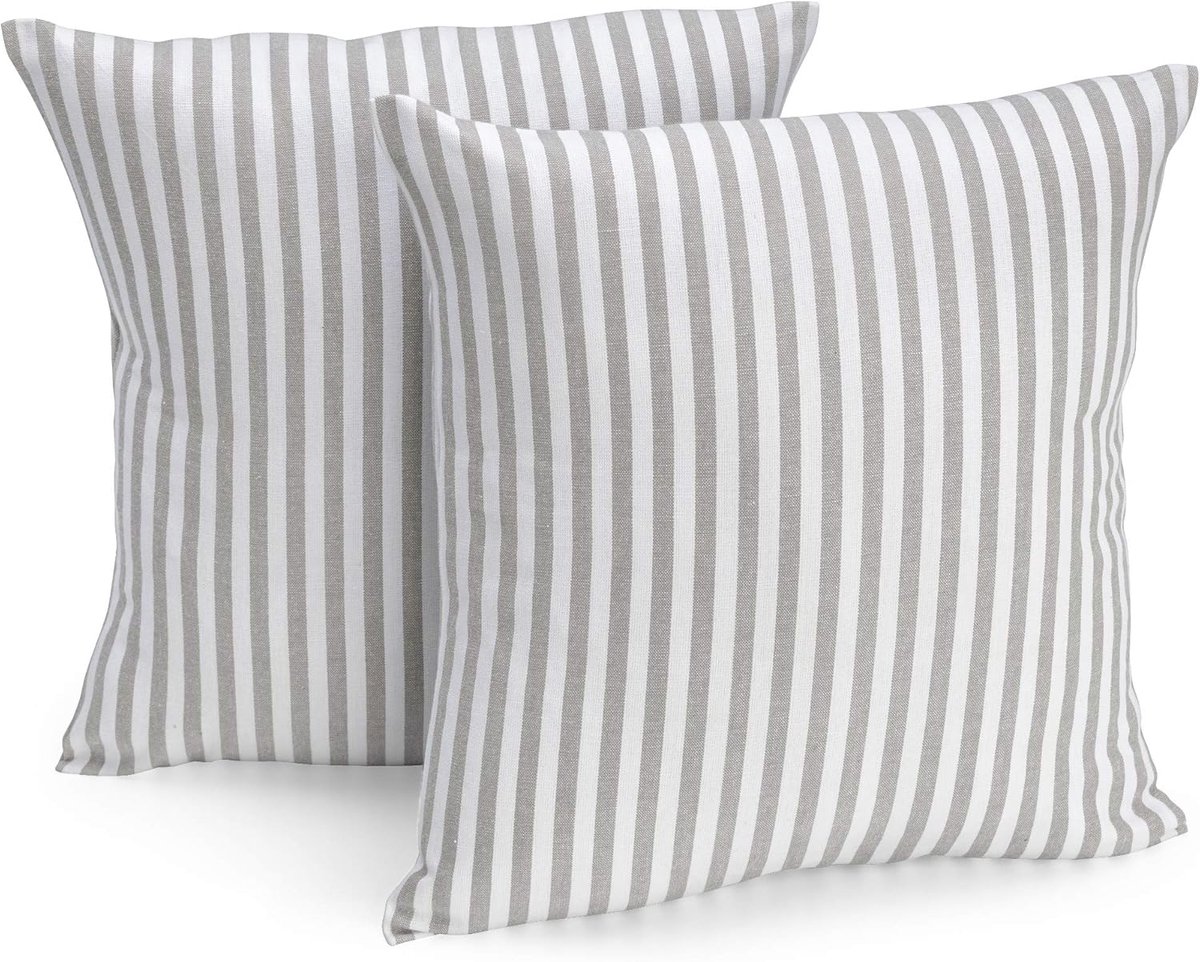 SnelShoppen - Set van 2 Kussenhoezen 40 x 40 cm Grijs/Wit Gestreept - 100% Katoen, Decoratieve Kussens voor Sofa, Tuin en Binnen, Perfect voor Elk Int