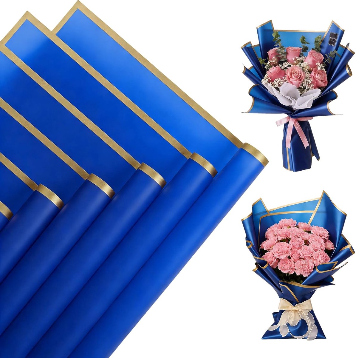 SnelShoppen - 20 Vel 56 x 56 cm Blauw Boeket Papier met Lint | Waterdicht Bloemboeket Papier, Minimalistisch Geschenkpapier met Gouden Rand, Voor Cade
