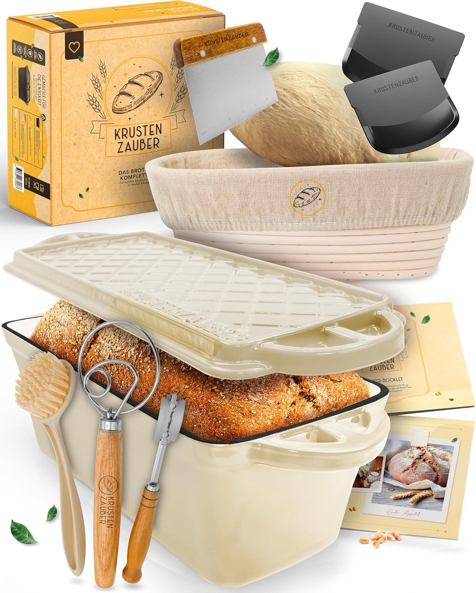 SnelShoppen - KRUSTENZAUBER XXL Broodbakpan met deksel - Robuuste 28 cm Gietijzeren Broodpan - Inclusief Gistmand, Deens Klopper & Bakaccessoires voor