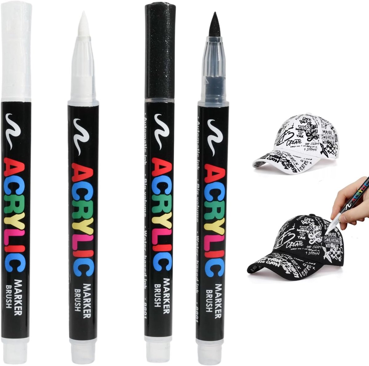 SnelShoppen - Pack van 4 wasbare textielstiften, permanent, zwart en wit, voor T-shirts, stoffen tassen, ambachten, 1-5 mm lijnbreedte, waterdicht, ma