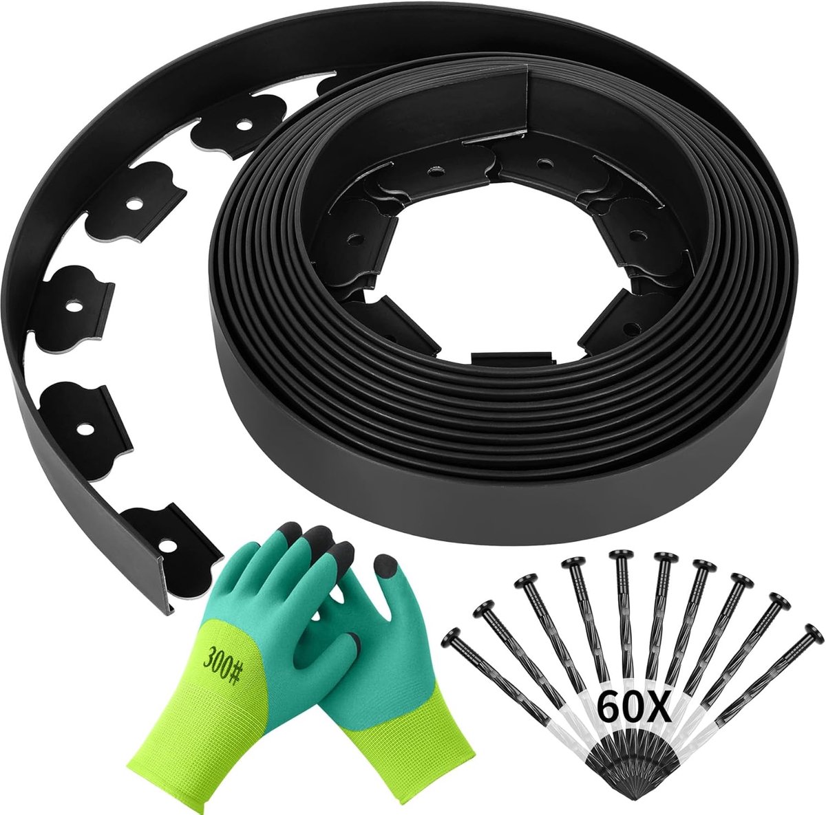 SnelShoppen - Flexibele Tuinranden Kunststof 10m x 5cm, Gazonrand & Bloembedrand met 60 Grondankers + Tuinhandschoenen - Zwart - Ideaal voor Tuin & La