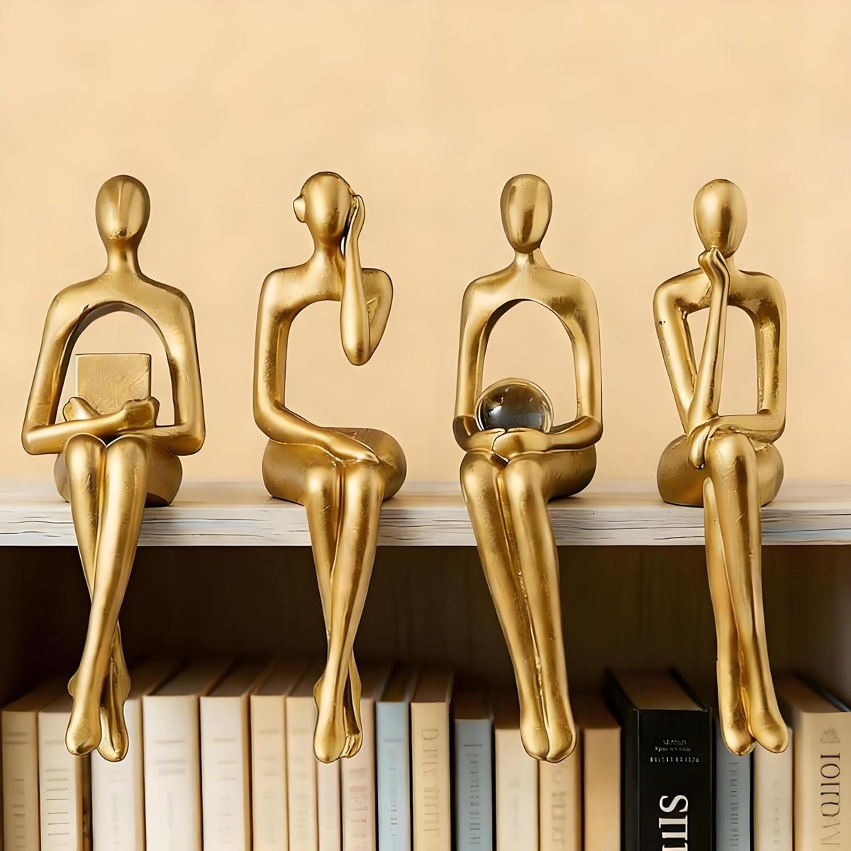 SnelShoppen - Set van 4 Abstracte Denkfiguren en Standbeelden in Goud - Moderne Kunsthars Sculpturen voor Woondecoratie, Boekenkast Ornamenten, Luxe I