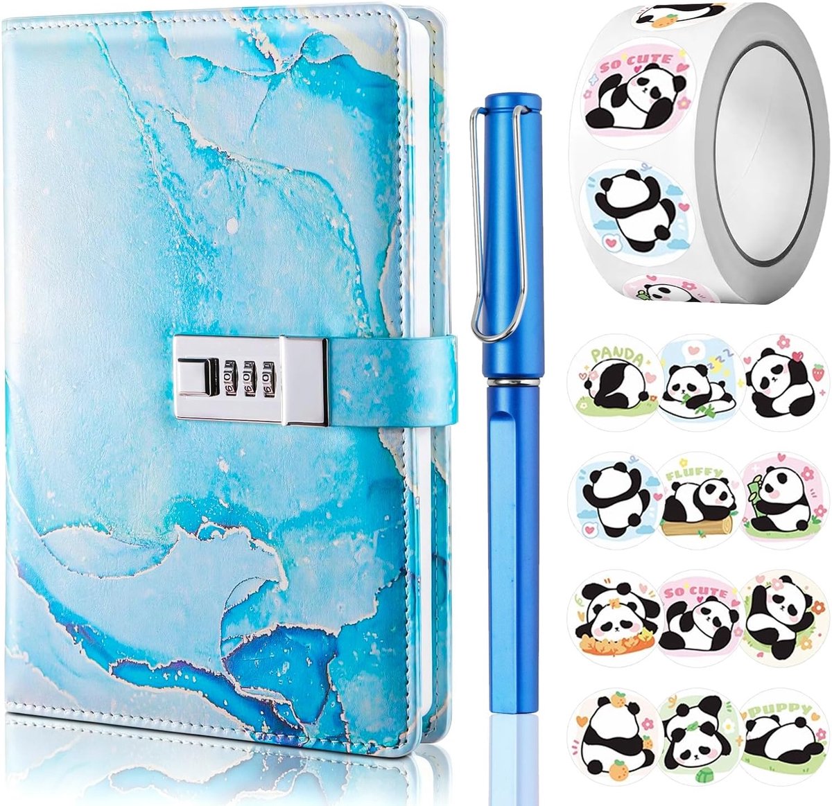 Thijox - Dagboek met slot voor meisjes A5, notitieboek met code, PU-leer, met gelstift en 500 Panda stickers, ideaal voor journaling, plannen, schetse