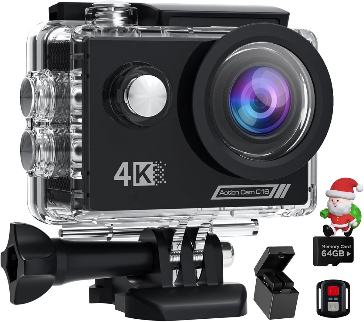 SnelShoppen - 4K60 fps Action Cam met 64G SD-kaart, 40m Onderwatercamera, Wifi, 170 Graden Helmcamera, HD 64 MP, Waterdicht, EIS, 2,4G Afstandsbedieni