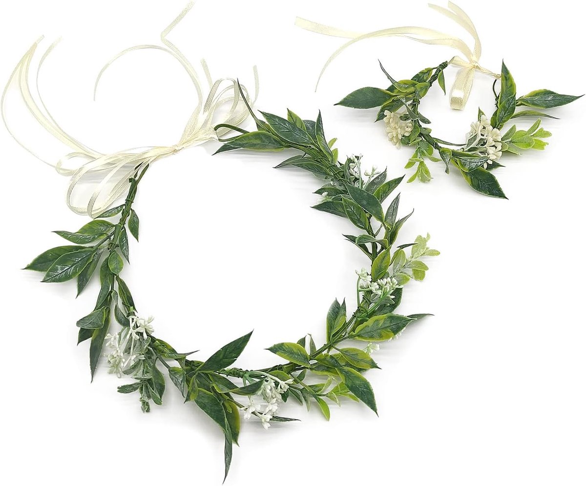 SnelShoppen - Groene Bloemenkroon en Armbanden Set, Eucalyptuskroon met Lint, Verstelbare Hoofddeksel voor Kinderen en Vrouwen, Boho Stijl, Perfect vo