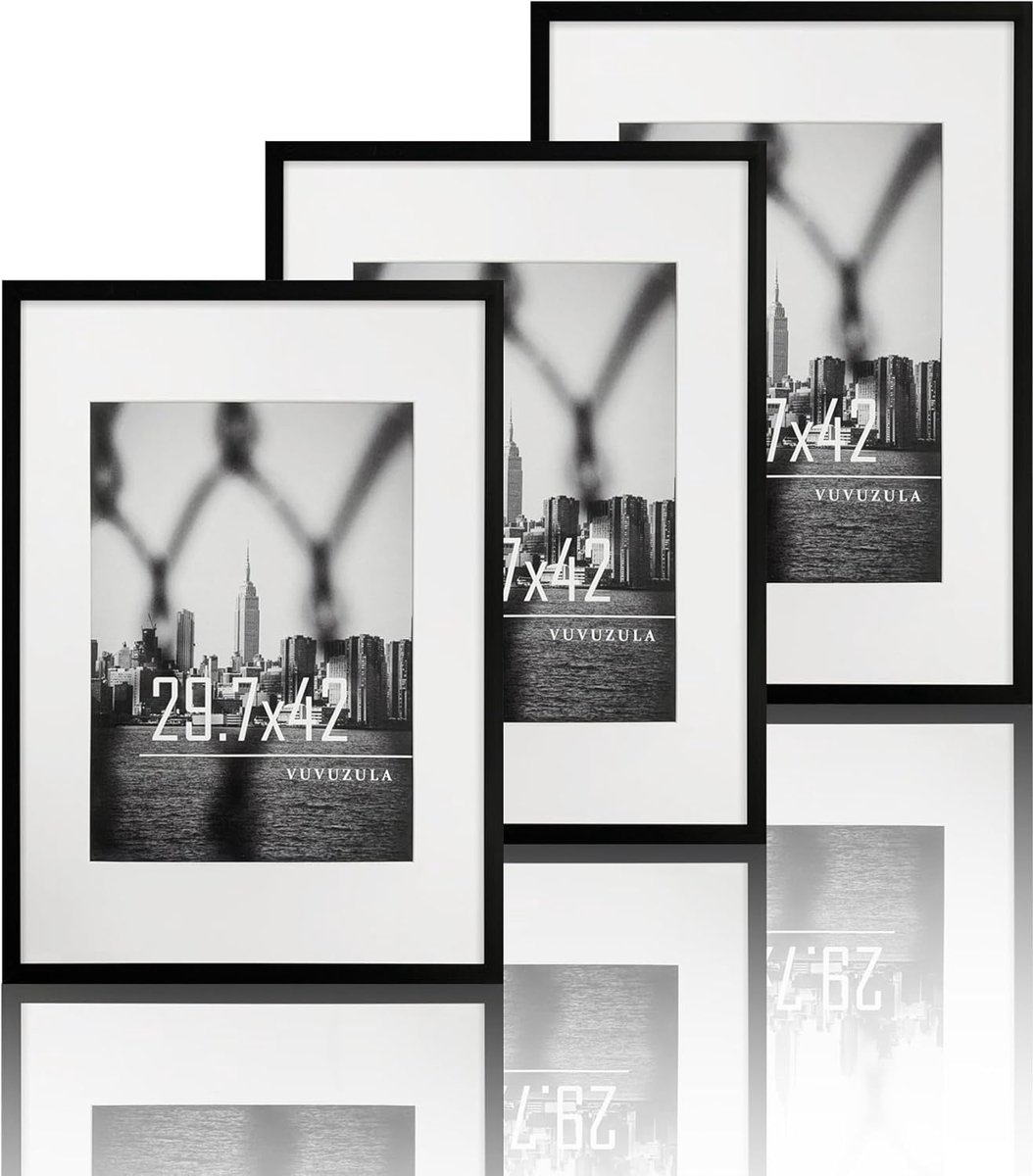 SnelShoppen - Fotolijst A3 Zwart Set van 3 Fotolijsten met Passepartout 30x42cm Posterlijst Ideaal voor Thuis, Kantoor en Cadeaus