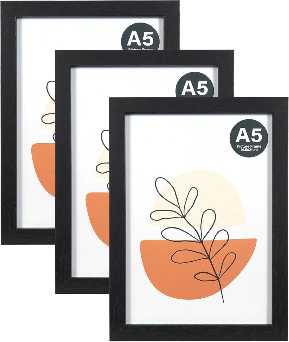 SnelShoppen - Set van 3 A5 Fotolijsten in Zwart - Houten Fotolijsten met Acrylglas voor Muur en Tafel - Perfect voor Foto's, Afbeeldingen en Herinneri