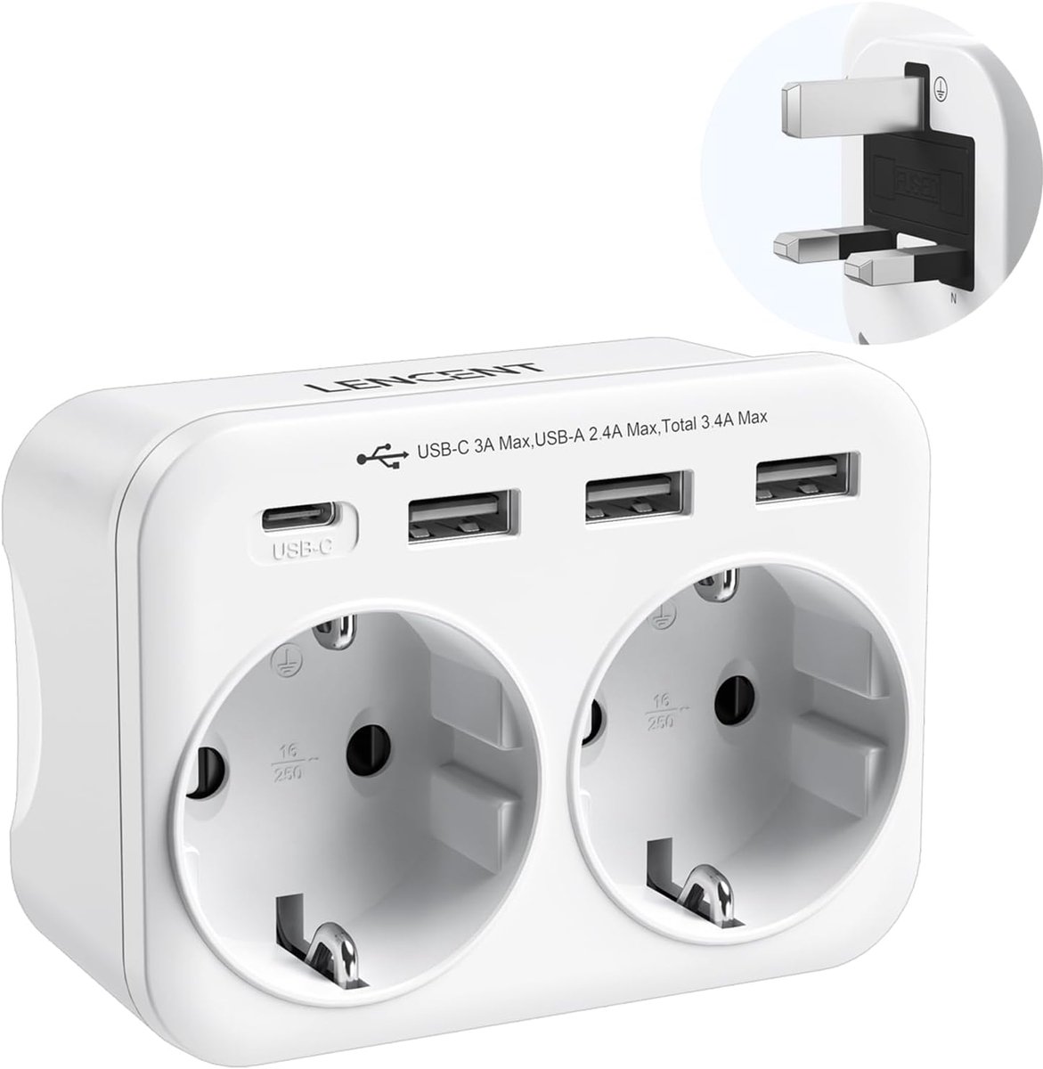 Thijox - NL/EU naar UK Reisadapter, Type G Reisstekker met 3 USB-A & 1 USB-C, EU Schuko 2-pins naar 3-pins UK Plug voor Schotland Ierland Wales Maldiv