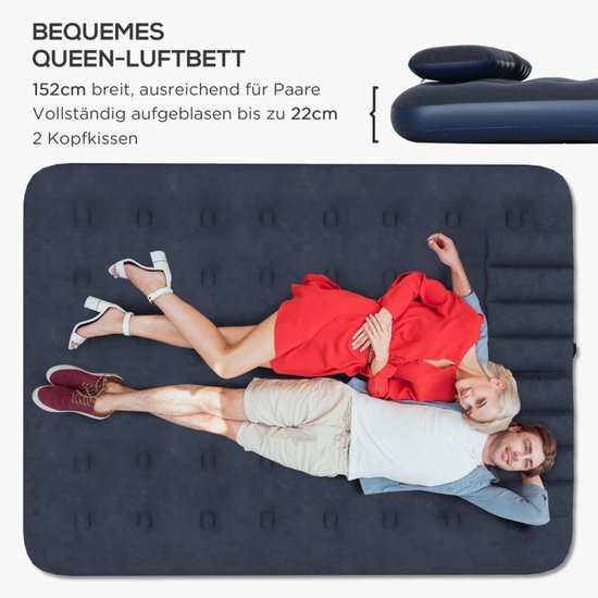 Luchtbed 203x152x22 cm - Tweepersoons Opblaasbaar Bed Met Ingebouwde Handpomp En 2 Kussens - Voor Camping En Gasten - Blauw — afbeelding 2
