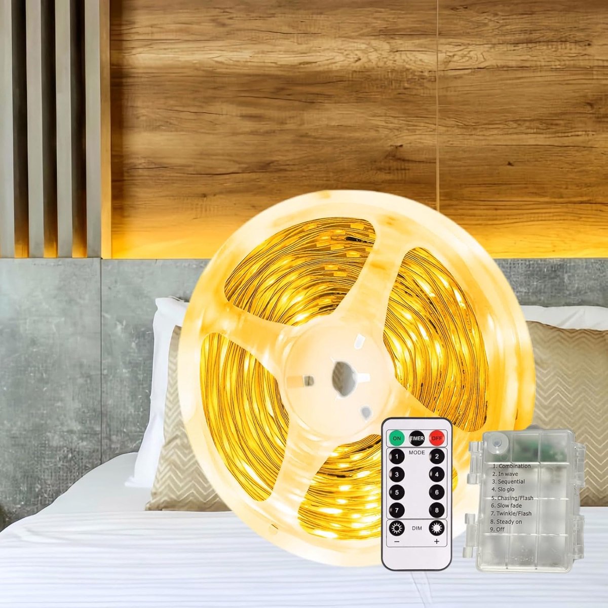 SnelShoppen - LED Strip 5m Batterij Aangedreven met Afstandsbediening, Dimbaar, Waterproof, Warm Wit 3000K, Flexibele Zelfklevende Verlichting voor Fe