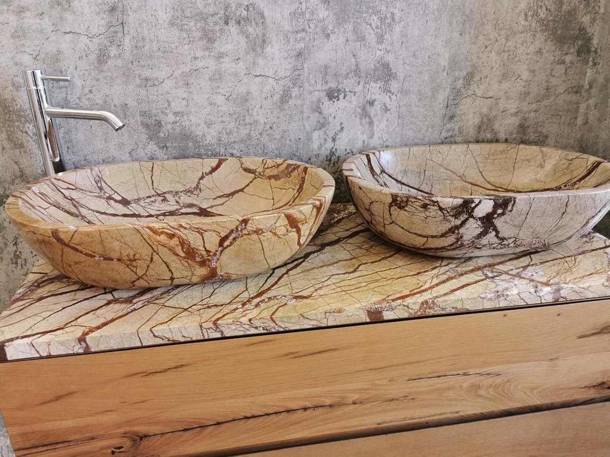 SnelShoppen - Dubbele Marmeren Wastafel Rain Forest 60x40cm - Luxe Badkamermeubel met 2 Wastafels - Hoogwaardige Kwaliteit - Perfect voor Badkamer of