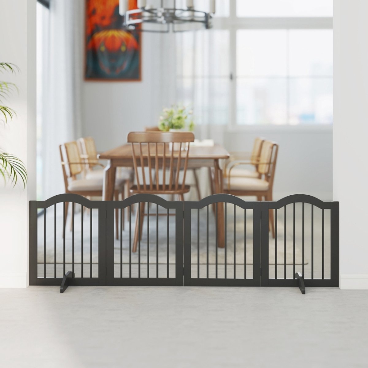 FloraGrace Hondenhek – Vrijstaand En Opvouwbaar – 208 x 61 cm – Hout – Zwart – Voor Deuropeningen Gang En Trap – 4 Panelen
