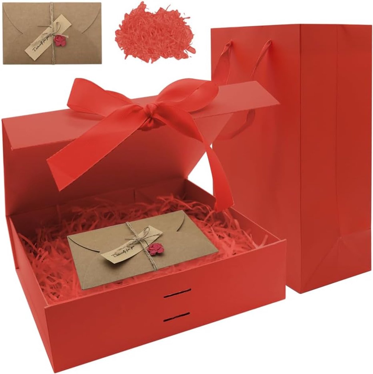 SnelShoppen - Luxe Magnetische Cadeaubox met Rode Deksel 26x19x8cm, Incl. Strik, Tas en Wenskaarten - Perfect voor Verjaardag, Kerst en Feestelijke Ge
