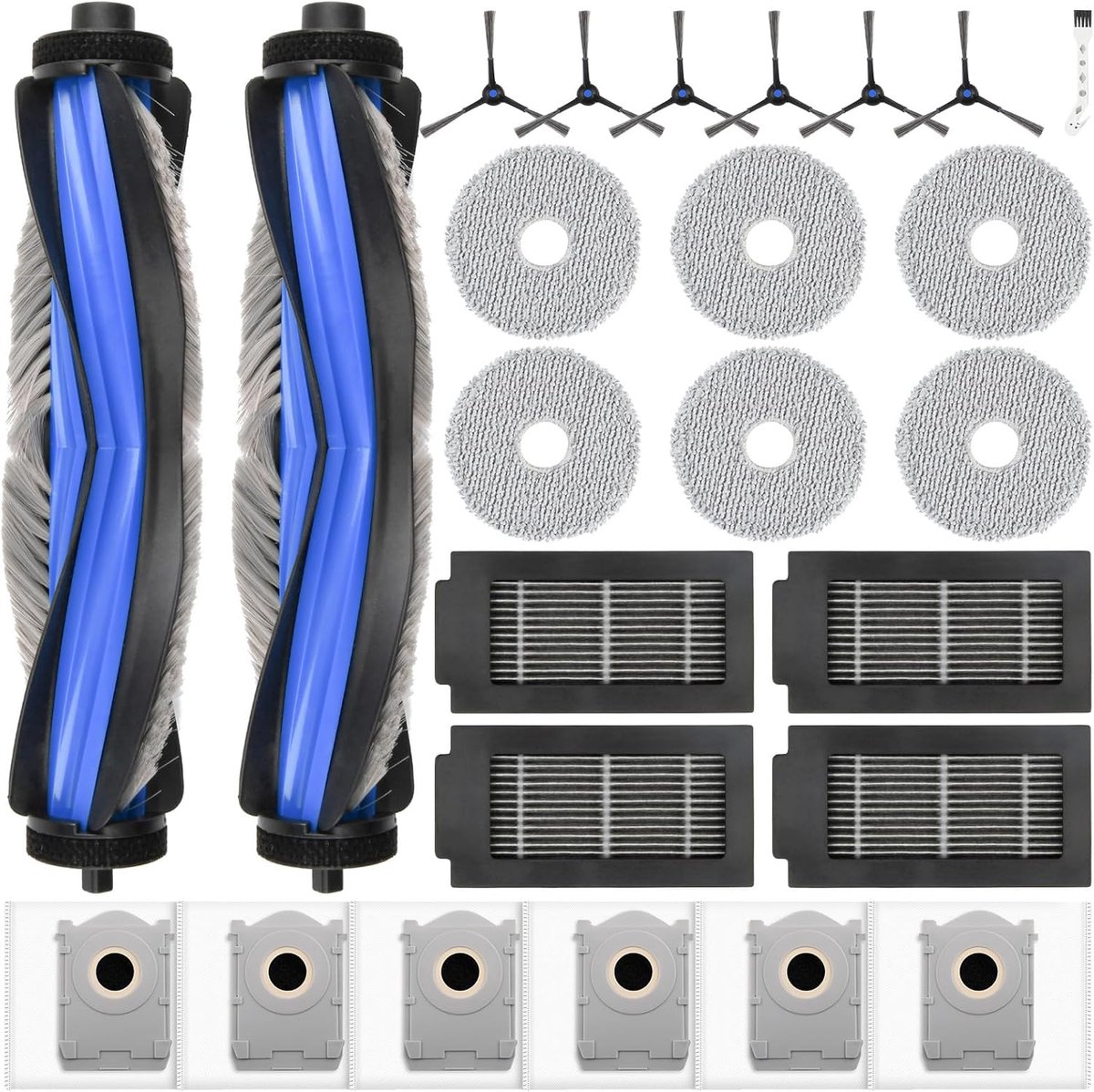 SnelShoppen - Pack van 25 Accessoires voor Robotstofzuiger, 6 Stofzakken, 6 Reinigingsdoeken, 6 Zijborstels, 4 HEPA Filters, 2 Hoofdborstel, 1 Reinigi