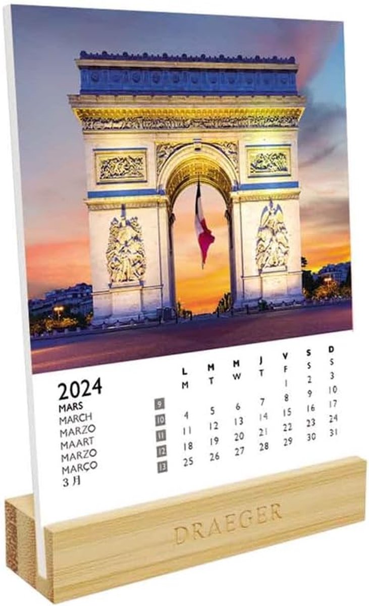 SnelShoppen - Paris Pedestal Kalender 2024 | 12x16.5 cm | Maandkalender | 7 Talen | Bamboe Basis | FSC® Papier | Groene Inkt | Perfect voor Thuis of O