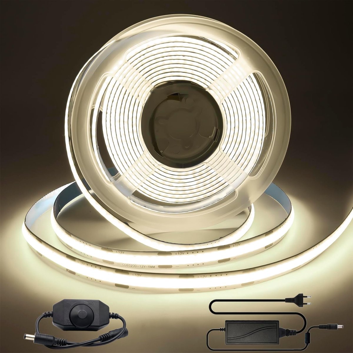 SnelShoppen - Arotelicht COB LED Strip 3m 12V Dimbaar Wit 4000K Hoogwaardige Flexibele LED Tape 320LEDs/m voor TV Achtergrondverlichting en Sfeervolle