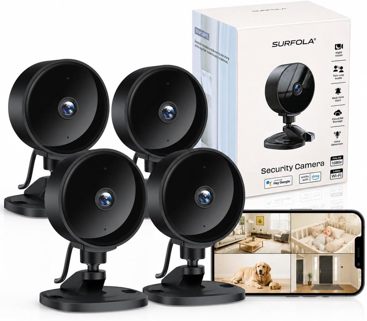 SnelShoppen - Indoor Beveiligingscamera 1080P, Beweging/Geluid Detectie, 2-Weg Audio, Nachtzicht, Alarm, SD en Cloud, Set van 4
