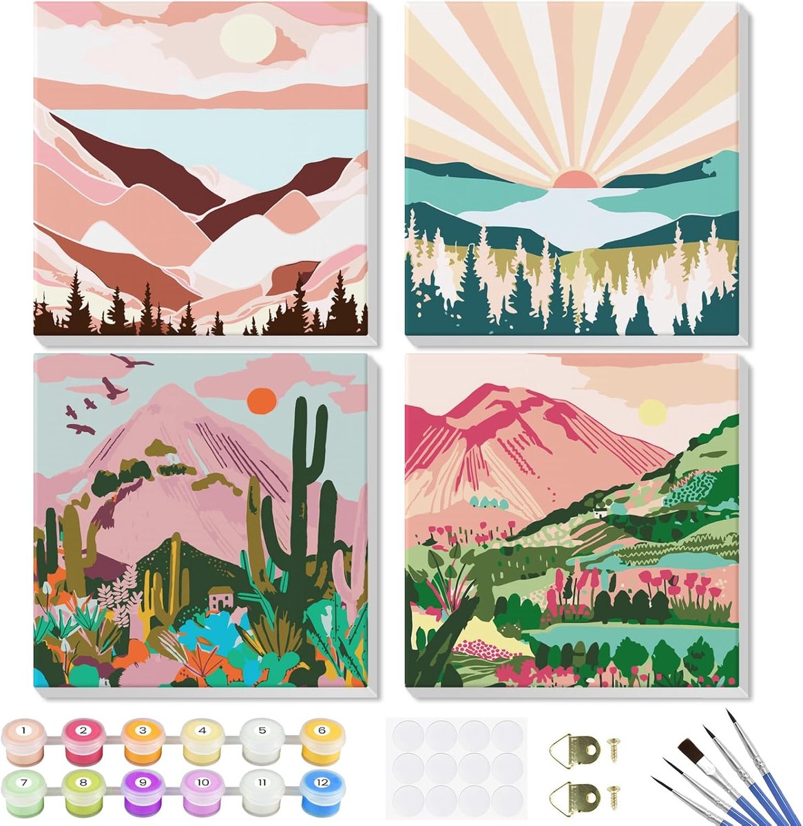 SnelShoppen - Paint by Numbers Kits voor Volwassenen en Beginners - Set van 4 Canvas Schilderen op Nummer met Houten Frame - Natuurlijke Landschap Ber