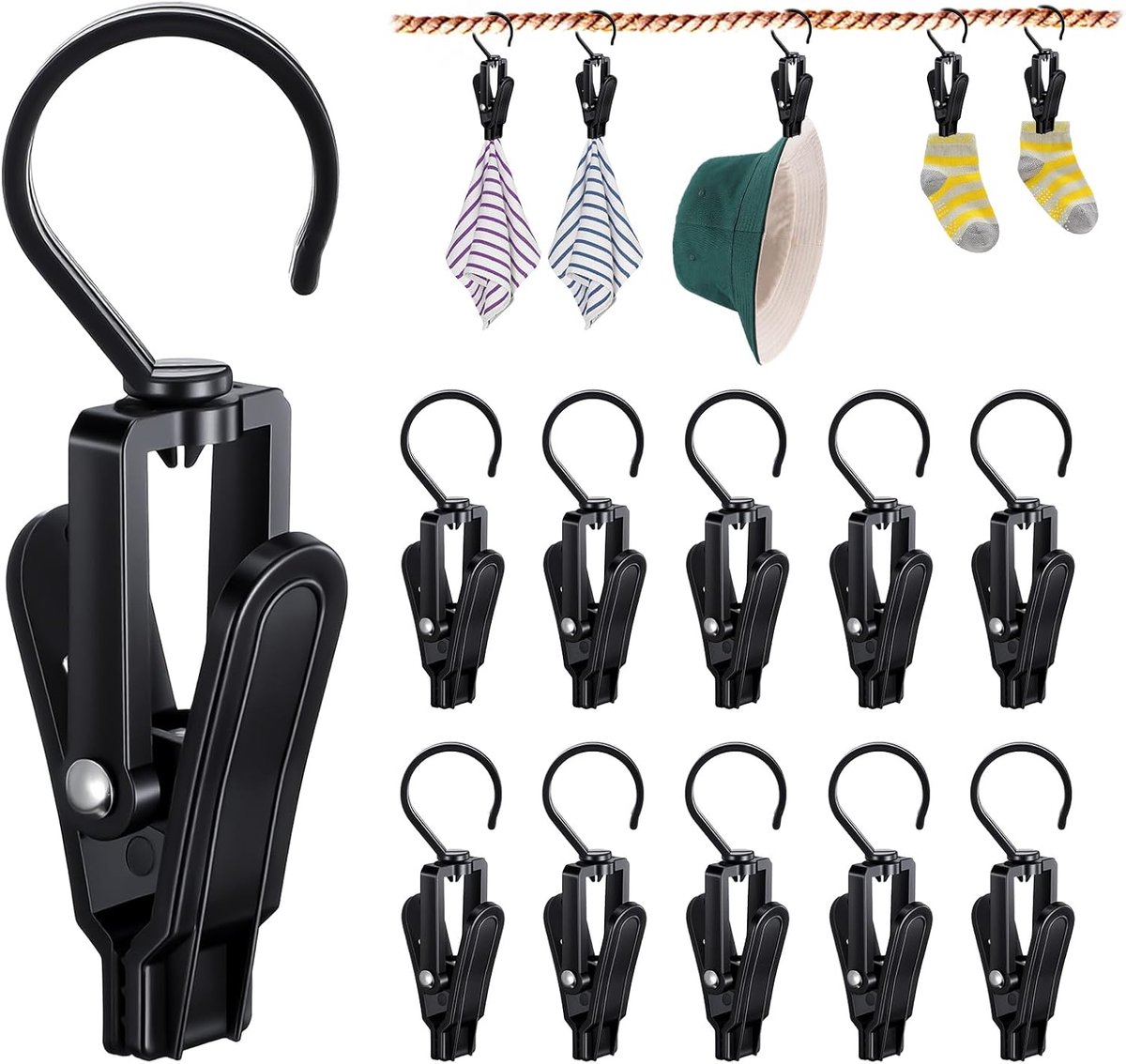 SnelShoppen - 10 Pcs Grote Was Haken Towel Clips 360° Draaibare Haak PP Plastic Zwart Antislip Kleding Clips voor Handdoeken, Hoeden, Jurken en Badhan