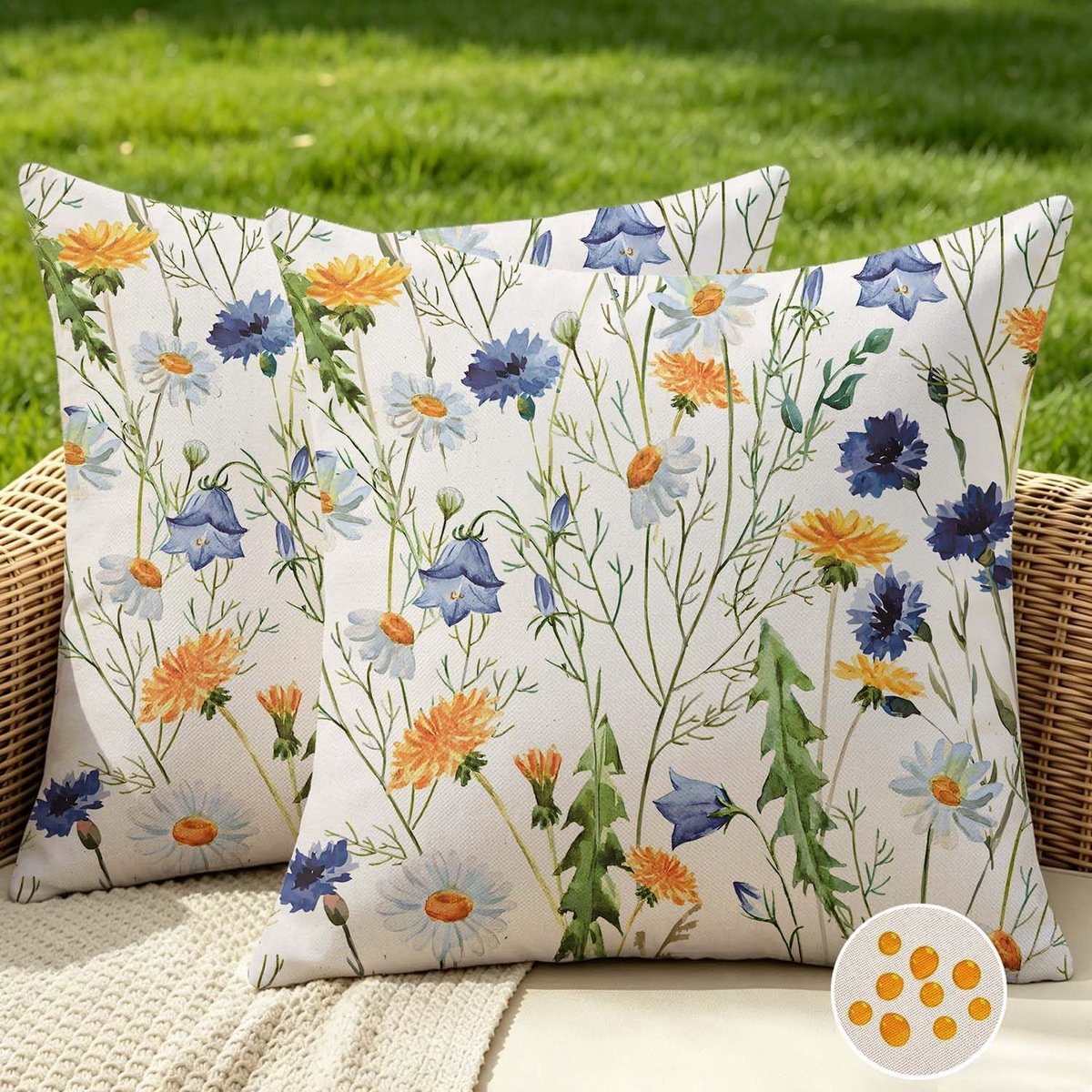 SnelShoppen - Set van 2 Waterdichte Kussenhoezen 40x40cm - Botanisch Floral Motief in Blauw en Geel - Perfect voor Tuin, Balkon en Woonkamer - Ideaal