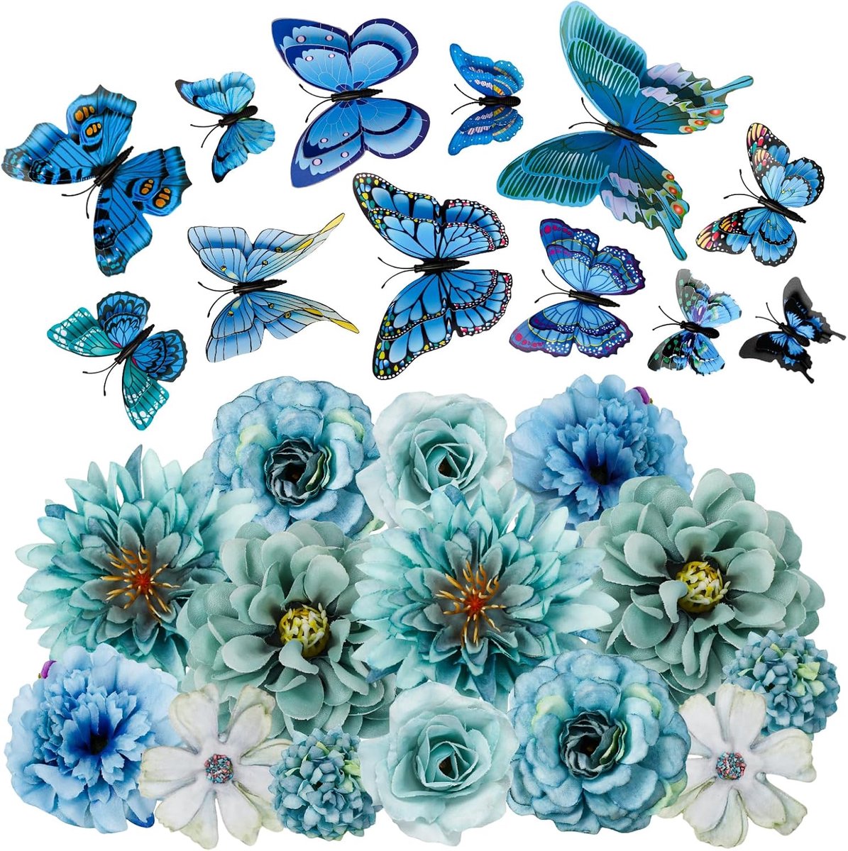 SnelShoppen - 14 Stuks Kunstbloemen en 12 Stuks 3D Vlinders voor DIY Decoratie, Nepp bloemen voor Bruiloften, Feesten, Tuin en Huis, Ideaal voor Huwel