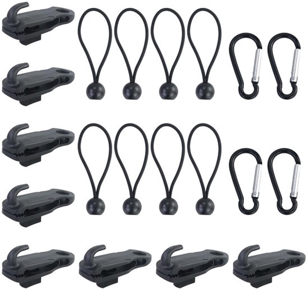 Tarp spanning clips, 8 stuks tarp spanning clips met haak en 8 stuks elastische banden met bal, duurzame set voor tarp, tent tarp, camping, motorhome
