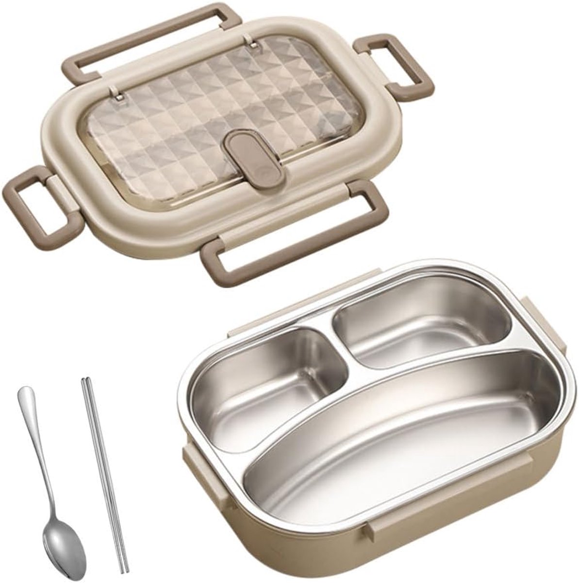 SnelShoppen - RVS Bento Box Lunchbox met 3/4 Compartimenten, Afsluitbaar Deksel, Eetstokjes en Lepel voor Kantoor, Buitenreizen, Ideaal voor Maaltijde