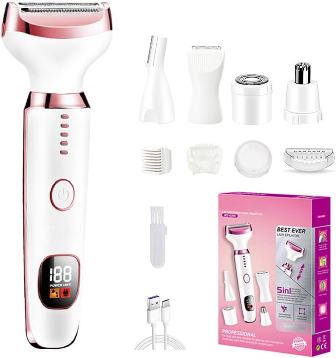 SnelShoppen - 5-in-1 Draadloze Elektrische Scheerapparaat voor Vrouwen - Intieme Scheerder, Gezichts- en Neushoartrimmer, Bikini Trimmer, Onderarmen,