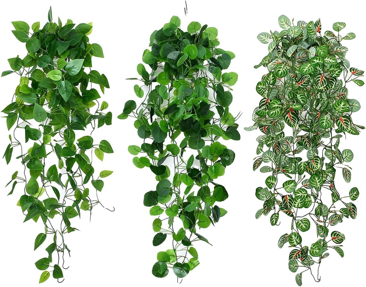 Hangende kunstplanten, 3 stuks, 100 cm, kunstplanten, wijnstok, groene planten, balkonplanten, plastic planten voor binnen en buiten, tuin, wanddecoratie (B)