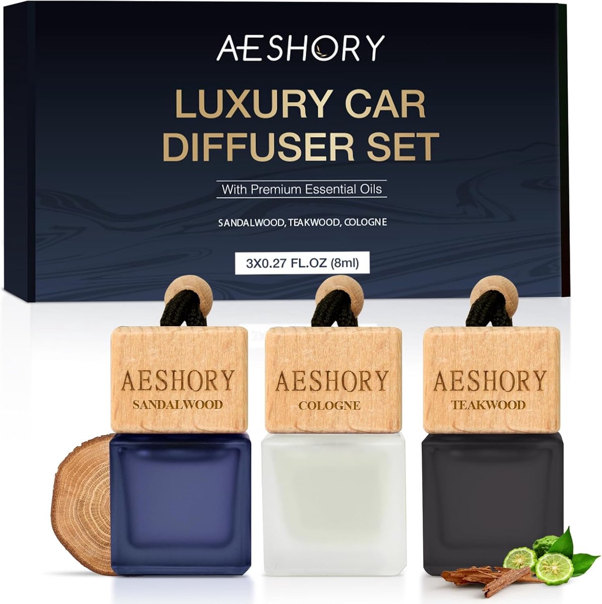 Thijox - Auto Luchtverfrisser voor Heren | 3 x 8ML Etherische Olie Diffuser | Hangende Parfum met Ventilatieclip - Keulen, Sandelhout, Teakhout