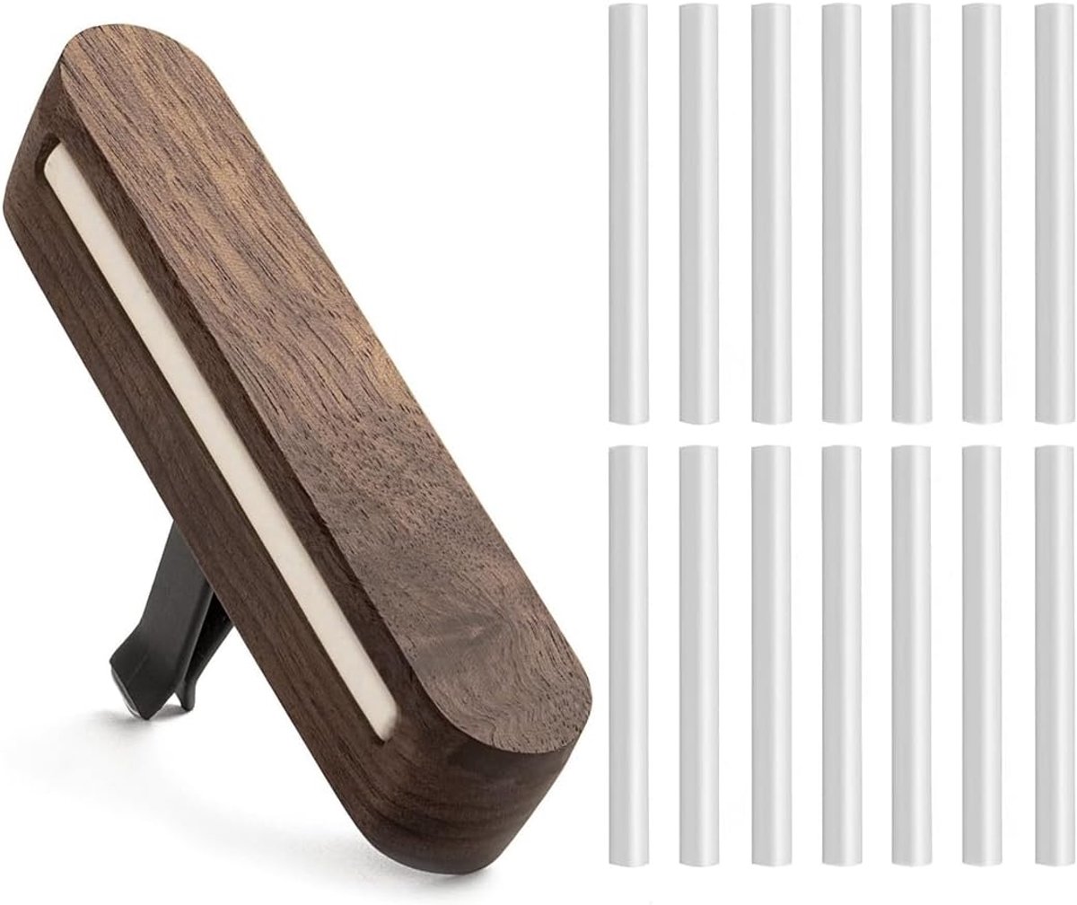 Thijox - Auto-diffuser Houten Etherische Oliën met 14 Navulpads - Luxe Luchtverfrisser voor Auto - Ventilatieclip - Stijlvol en Duurzaam - Walnoothout