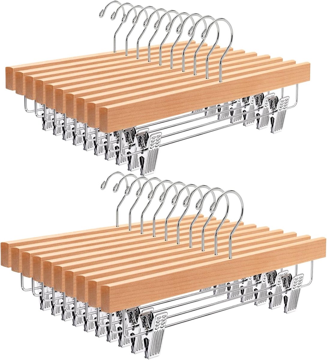 SnelShoppen - 20 Stuks Houten Broekhangers 35,5 cm met Verstelbare Antislip Clips - Ruimtebesparende Kledinghangers voor Broeken, Rokken en Onderkledi