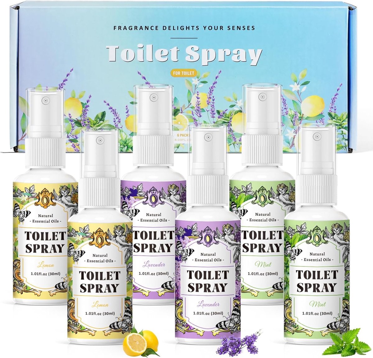 SnelShoppen - Luchtverfrisser Spray voor Toilet en Badkamer, 6 x 30 ml, Citroengeur, Lavendelgeur, Muntgeur, Toiletspray, Badkamerluchtverfrisser voor