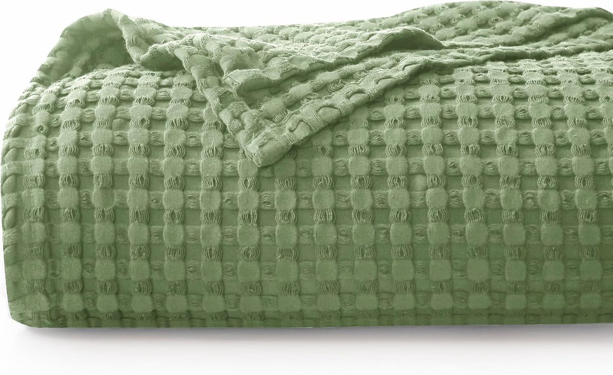 SnelShoppen - 100% Katoenen Deken 220x240 cm, Wafelpiqué Sprei, Zacht en Ademend, Lichtgewicht Bankovertrek, Oeko-Tex® Gecertificeerd, Groene Knuffeld