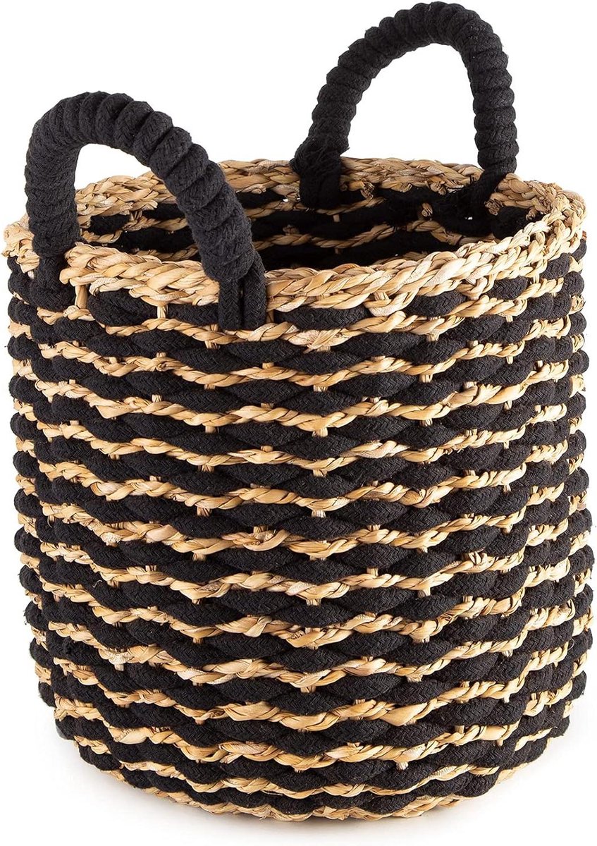 Opbergmand Zeegras - Decoratieve mand - Ruimte Organiseren - Tweekleurig gestreept - 25 x 25 cm - Zwart Bruin