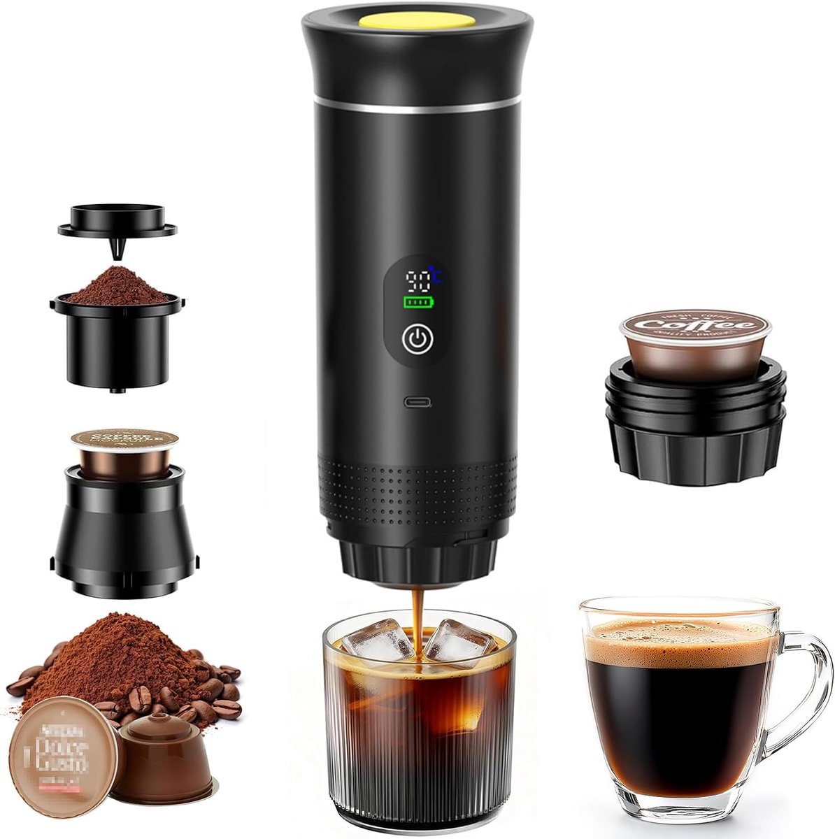 SnelShoppen - 3-in-1 Mini Koffiezetapparaat Draagbaar Zwart - Capsulecompatibel - Perfect Voor Camping, Reizen, En Thuisgebruik