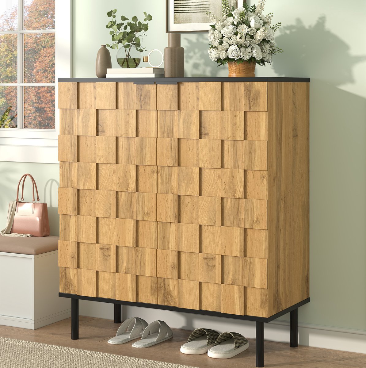 Wishdor - Schoenenkast - Mosaik deurdesign - 2-deurs met verstelbare planken - modern - voor hal en woonkamer - houtlook en metaal - naturel - 80 x 35 x 91,5 cm