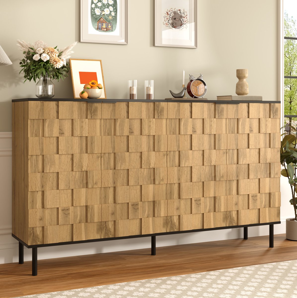 Wishdor - Dressoir - mozaiekdeuren - 2-deurs opbergkast met vaste legplank - Scandinavisch - woonkamer en hal - houtlook en metaal - naturel zwart - 160 cm