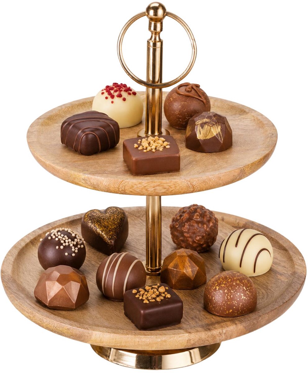 Excellent Houseware etagere - H28 x D25 cm - naturel/goud - luxe mango hout - 2 laags - serveerplank - taartjes - koekjes - chocolade - bonbons