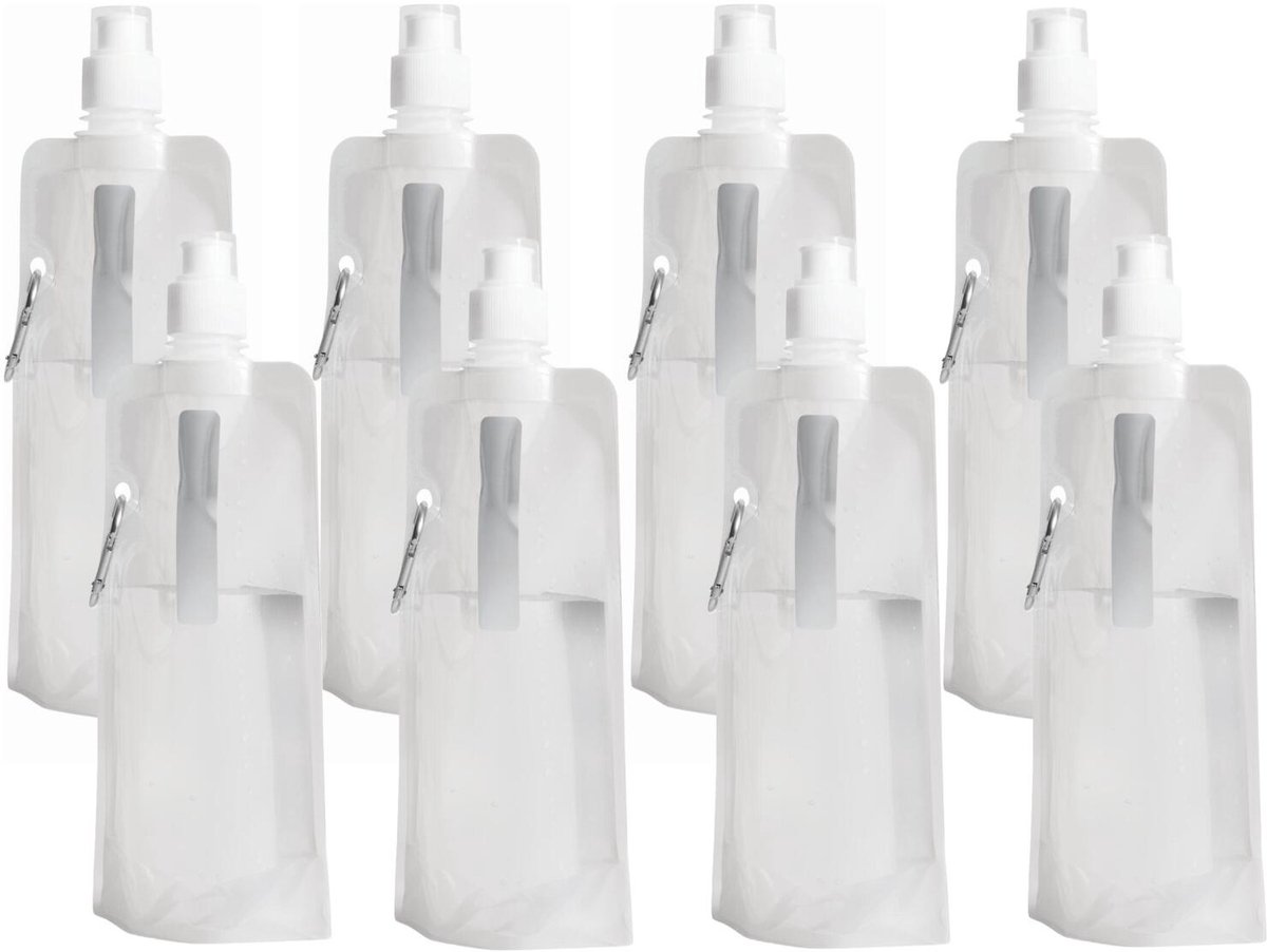 Trendoz Waterfles / drinkfles opvouwbaar - 8x - wit - kunststof - 400 ml - schroefdop - ophanghaak - sport - op reis - ruimtebesparend