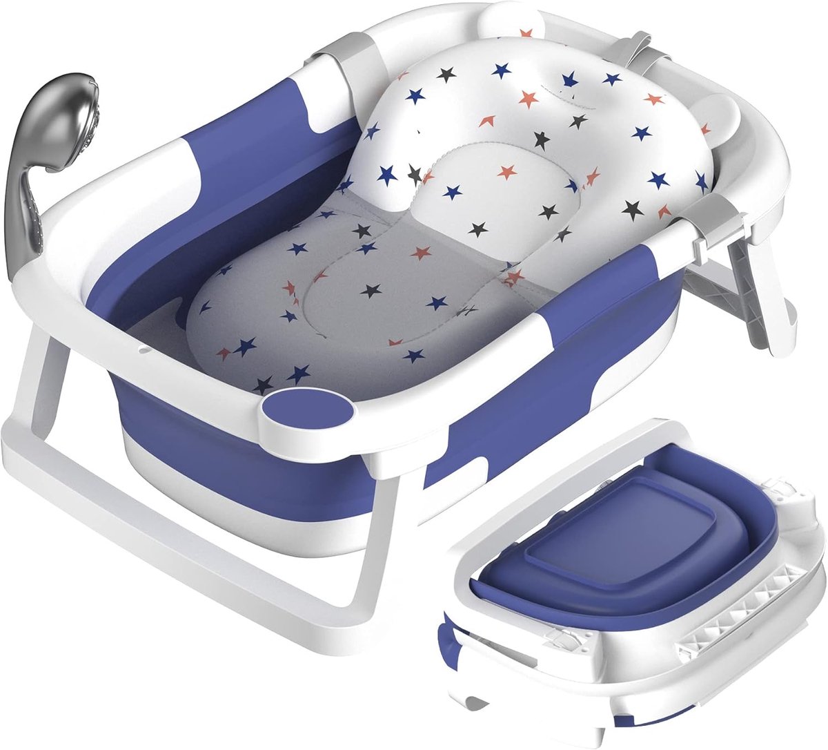 SnelShoppen - Vouwbare Baby Badkuip voor Pasgeborenen tot Peuters met Antislipmat, Afvoergat, Blauw, Ideaal voor Thuis en Op Reis