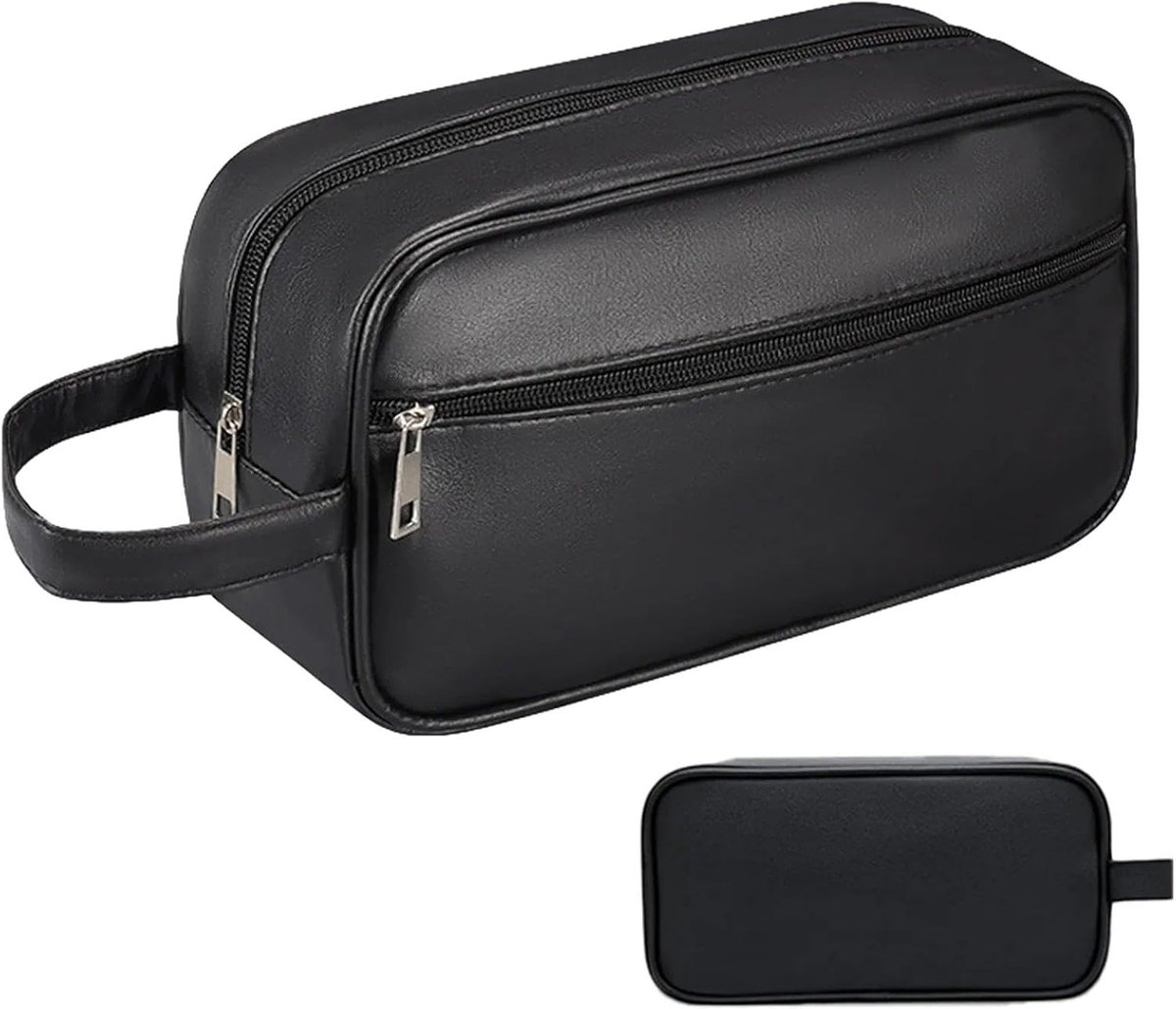 SnelShoppen - Compacte zwarte toilettas voor mannen - 1 stuk - PU leren look - 15.5 x 27 x 9.5 cm - Ideaal voor zakenreizen en korte vakanties
