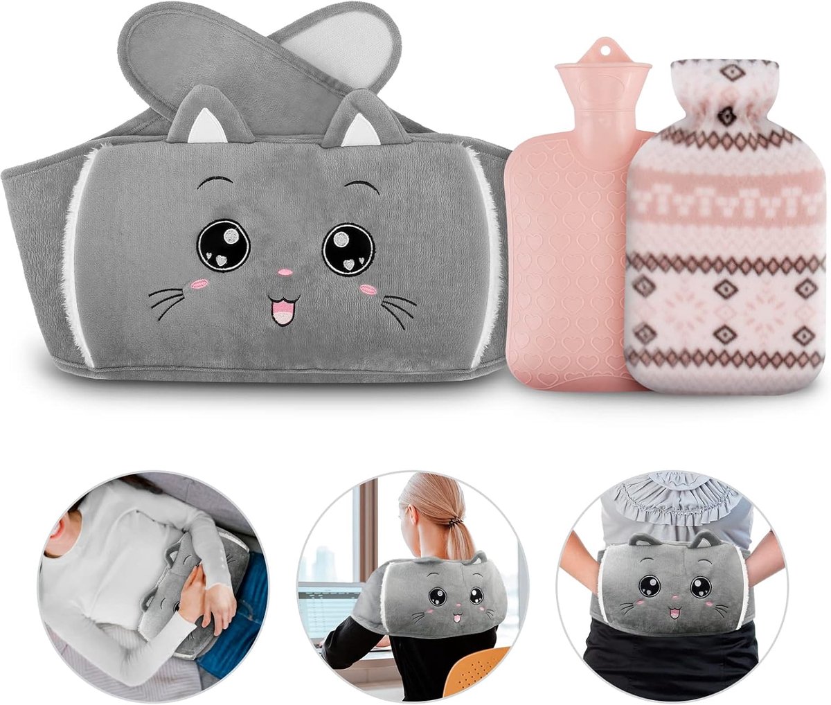 SnelShoppen - Hot Water Bottle Set 1 Liter met Cover en Taille Cover, 3 Stuks Warmwaterkruik Set voor Nek, Schouders, Rug, Benen, Voeten en Taille, Gr