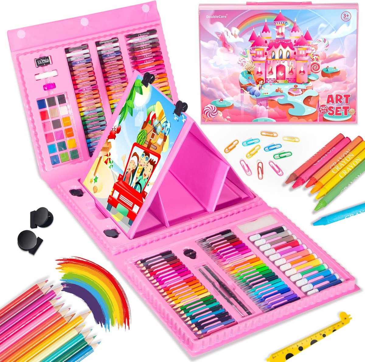SnelShoppen - DoubleCare Luxe Schilderdoos 240 Stuks, Teken Set met Driezijdige Easel, Kunst Speelset voor Kinderen 4-12 Jaar, Perfecte Cadeau voor Me