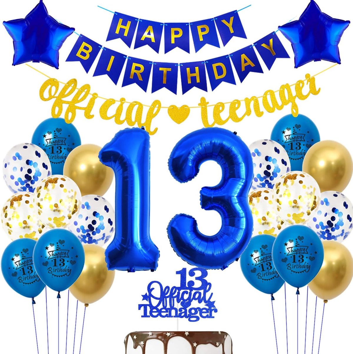 Officiële 13e verjaardag decoratie jongens - verjaardagsdecoratie - 10 stuks - blauw goud